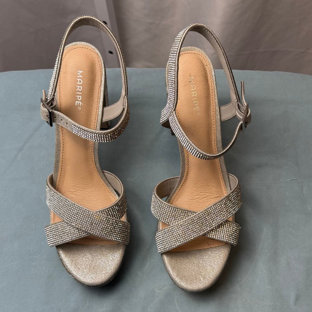 Maripé Leilani‎ Silver Rhinestone Platform Heels Womens 11 Block Heel Elegant